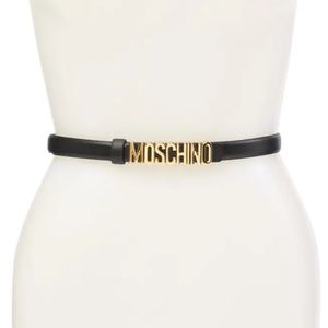 MOSCHINO THIN CALF LEATHER GOLD-TONE LOGO BELT
